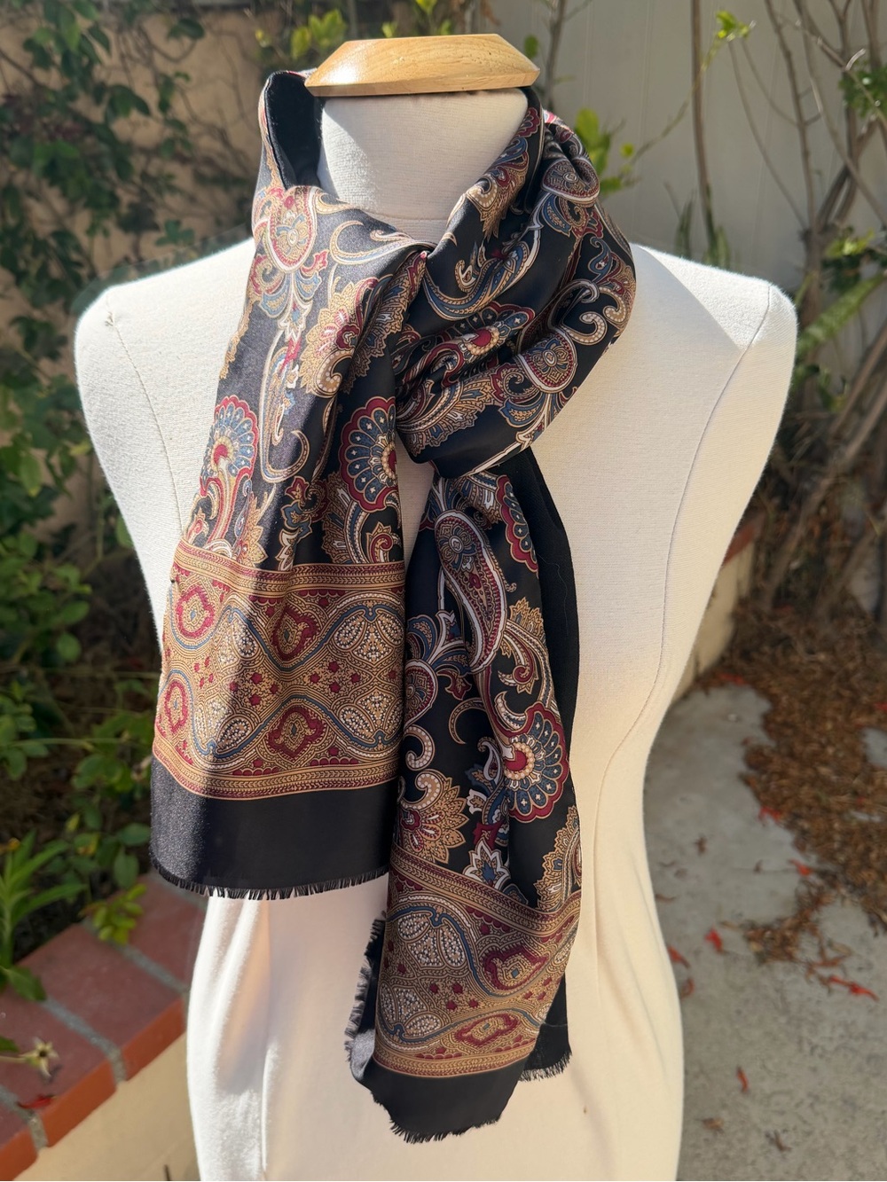 Black Paisley Silk-Feel Scarf with Gold & Red Accents